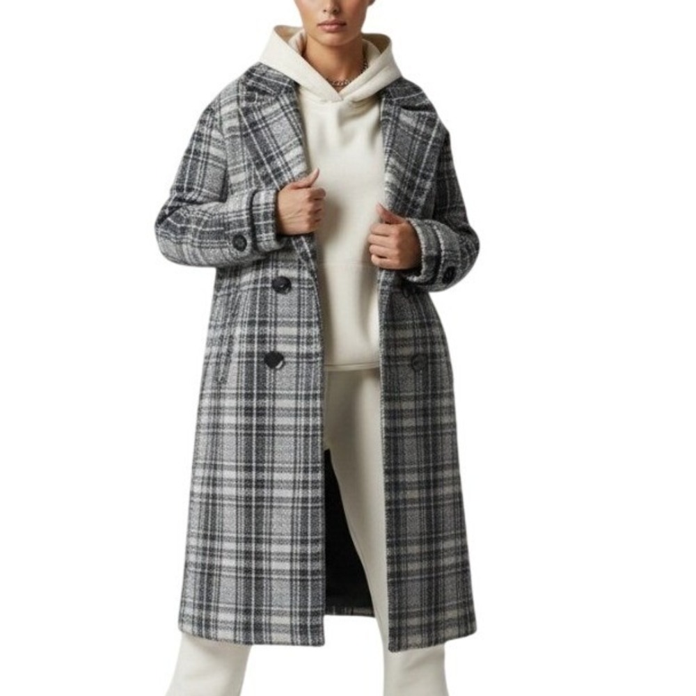 Elie Tahari Black Gray Plaid Brushed Wool Long Coat Womens Double Breasted Lined